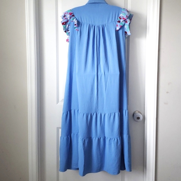 Umgee Tiered Dress Printed Flutter Sleeves V Neck Collar Midi Blue XL - Picture 7 of 11